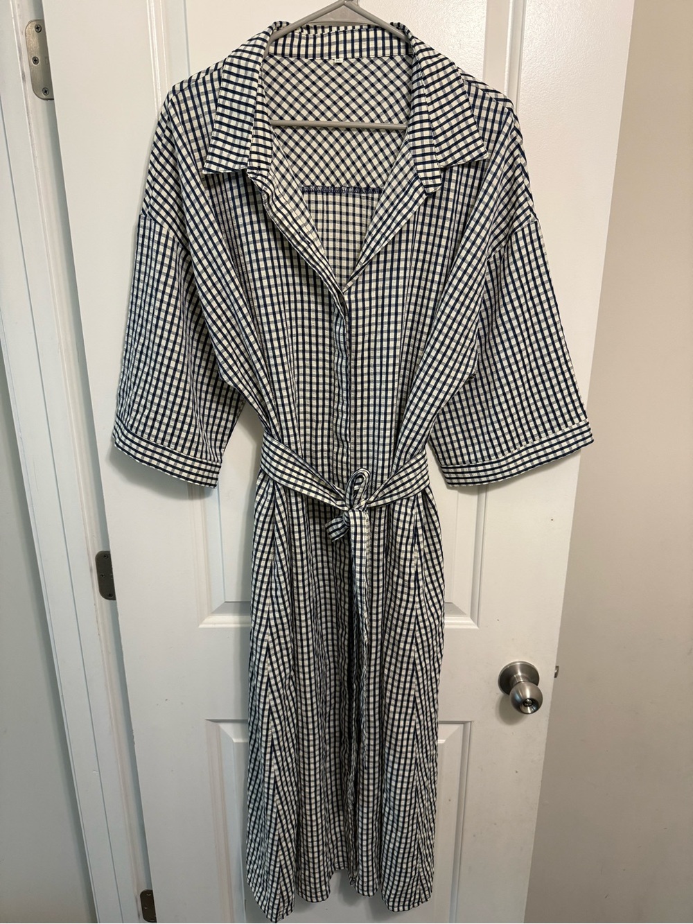 Amazon Women's Navy and White Gingham Midi Shirt Dress